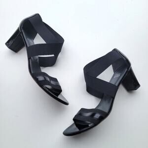 STUART WEITZMAN Black Patent Criss Cross Elastic Strap Sandals 8.5